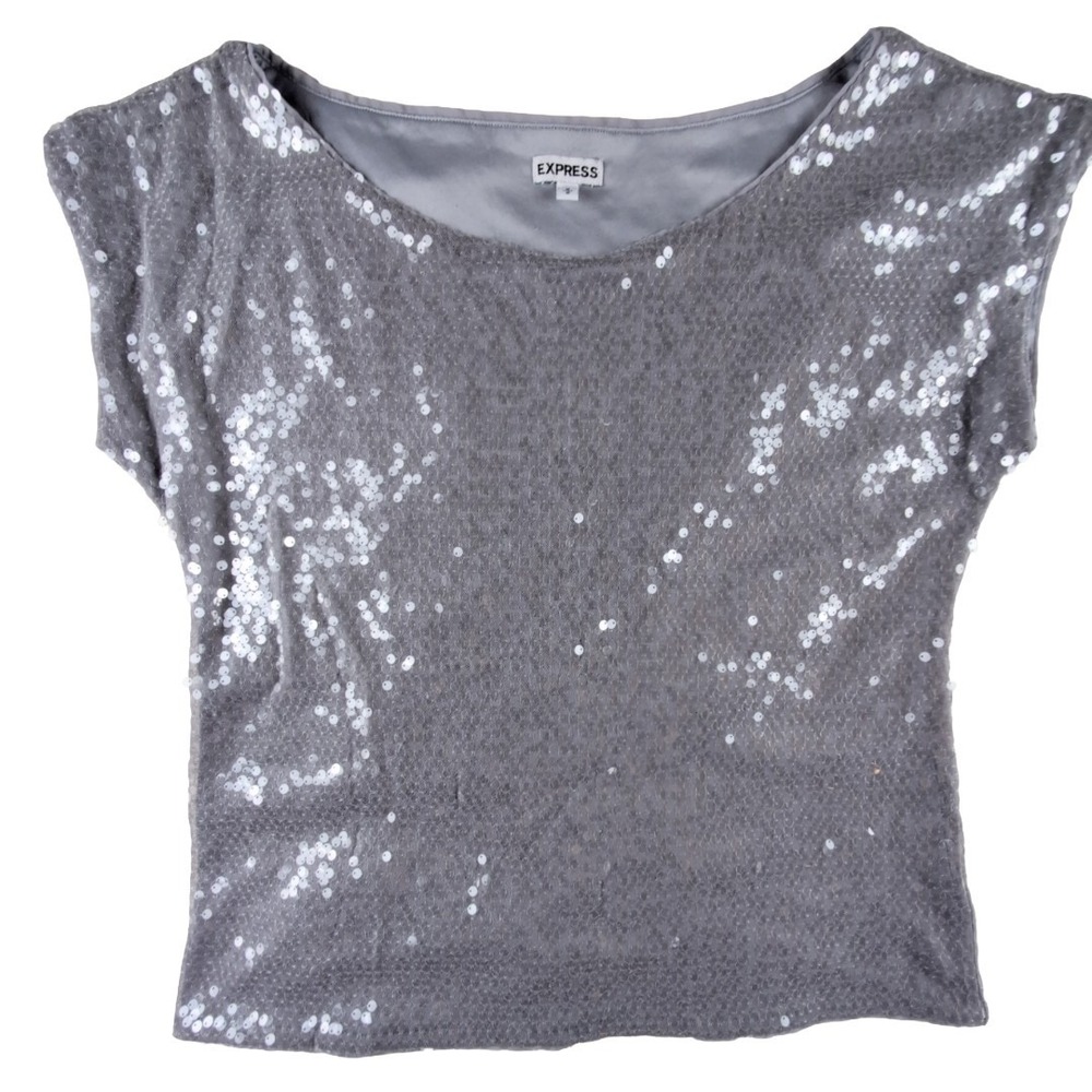 Express Women's Gray Sequin Scoop‎ Neck Top Size M Party Event Glamoratti